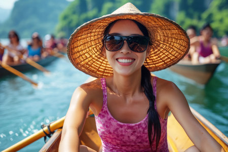 Young woman wearing sunglasses and conical hat enjoying boat tour in Trang an scenic landscape complex, ninh binh, vietnamの素材
