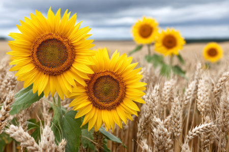Two bright yellow sunflowers growing in a field of ripe wheat, ready for harvest under a summer cloudy skyの素材