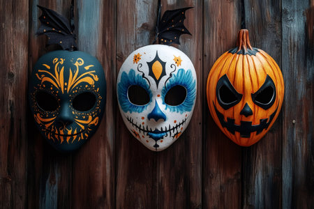 Spooky halloween masks, including a pumpkin and a dia de los muertos design, hanging on a weathered wooden wallの素材
