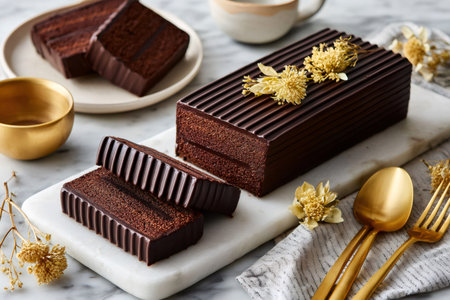 Chocolate cake slices with textured frosting and dried flowers are presented on a marble board, ready to be enjoyedの素材