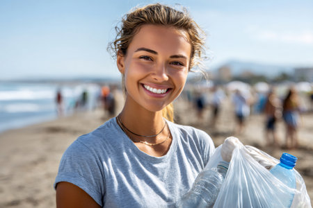 Volunteer holding a plastic bag full of bottles, cleaning the beach and smilingの素材