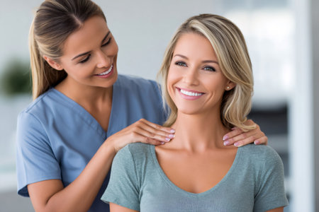 Happy female patient enjoying a relaxing neck massage by a friendly physiotherapist in a clinicの素材