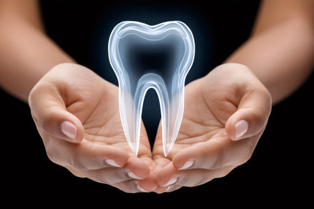 Close up of cupped hands holding a glowing, translucent image of a molar, symbolizing dental care and innovationの素材