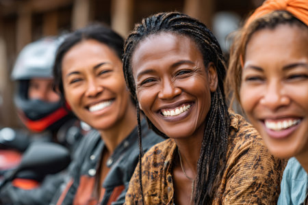 Portrait of cheerful mature women bikers smiling and enjoying their lifestyleの素材