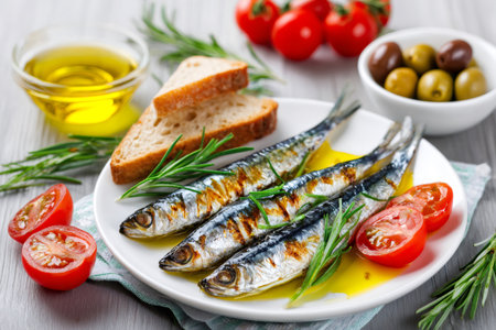 Delicious grilled sardines seasoned with rosemary, tomatoes, olives and olive oil, served on a white plate, perfect for a healthy Mediterranean mealの素材