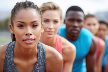 Diverse group of athletes preparing for a race, focused and ready to competeの素材