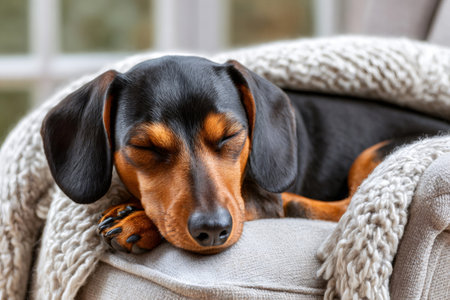 Adorable miniature dachshund puppy sleeping on cozy armchair, enjoying warmth and comfort under soft blanket, creating peaceful home sceneの素材