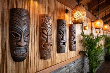 Four tiki masks are hanging on a bamboo wall, illuminated by wicker lamps, evoking a tropical ambianceの素材