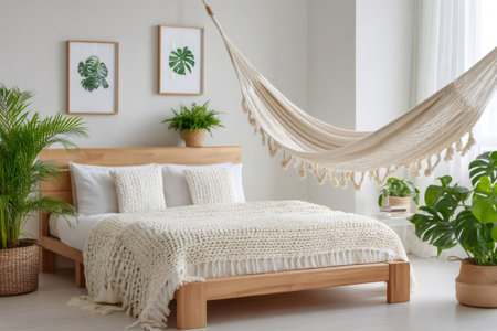 Cozy bedroom with hammock, wooden bed, knitted blanket, and green plants, creating a peaceful and relaxing atmosphereの素材