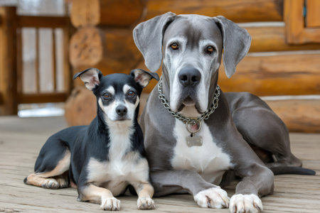 Great dane and a small dog lying down on a wooden deck in front of a log cabinの素材