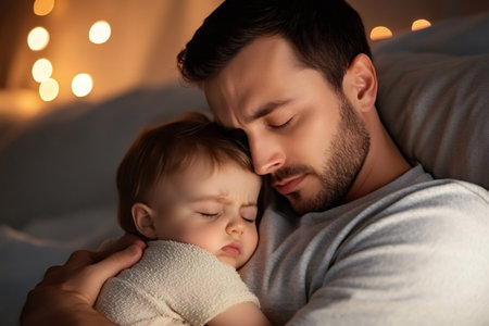 Father and daughter sleeping together in bed at night with warm lights in the backgroundの素材