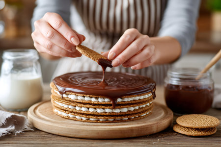 Pastry chef adding final touch to delicious layered biscuit cake, pouring chocolate ganacheの素材