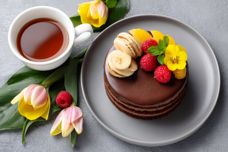 Delicious chocolate cake with fruits and flowers, served with tea, perfect for a special occasionの素材