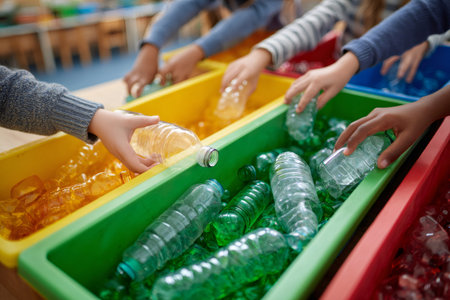 Students learning about recycling and the environment by separating plastic bottles in different containersの素材