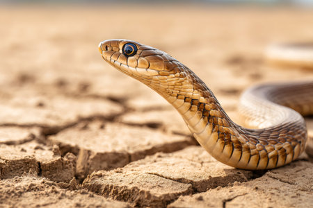 Brown snake slithering on dry cracked ground in a desert environmentの素材