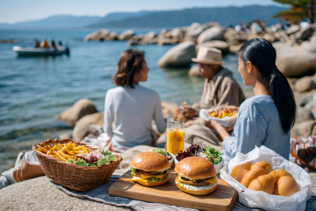 Family having a picnic by a lake, enjoying burgers, fries, and juice on a sunny dayの素材