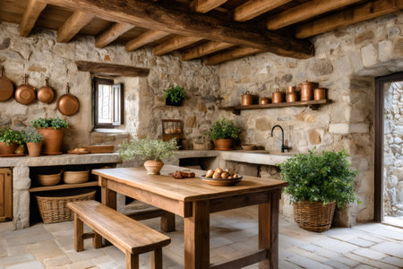 Cozy rustic kitchen with stone walls, exposed wooden beams, copper cookware, and a charming farmhouse table, creating a warm and inviting atmosphereの素材