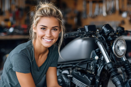 Female mechanic smiling while repairing a motorcycle in a garageの素材