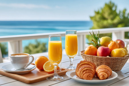Enjoying a healthy breakfast with orange juice, coffee, croissants and fresh fruit on a balcony overlooking the seaの素材