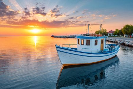 Small fishing boat moored in tranquil waters, bathed in the golden light of a breathtaking sunriseの素材