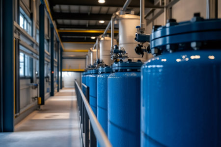 Water purification system operating inside the factory, ensuring clean and safe water supplyの素材