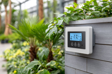 Digital climate control system displaying temperature and humidity readings, ensuring ideal growing conditions in the greenhouseの素材