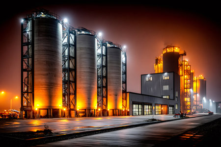Cement silos and industrial plants bathed in warm orange light at night, creating a striking industrial landscapeの素材