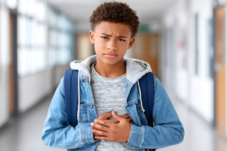 Unhappy pre-teen student suffering from stomach pain at schoolの素材