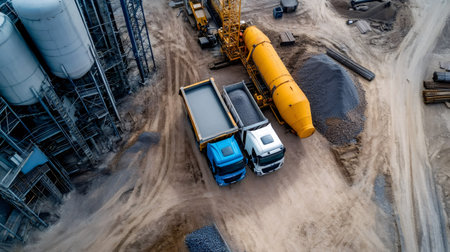 Aerial view of trucks loading building materials at a construction site with silos, a crane, and piles of gravelの素材
