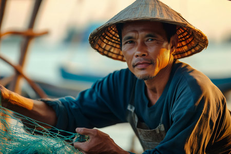 Southeast Asian fisherman repairing fishing net at sunsetの素材