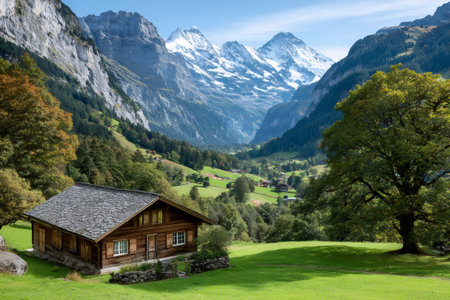 Traditional wooden chalet sits on a grassy slope, overlooking a picturesque valley nestled amidst the majestic swiss alpsの素材
