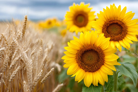 Beautiful sunflowers blooming next to a wheat field, creating a picturesque rural landscape under a cloudy skyの素材