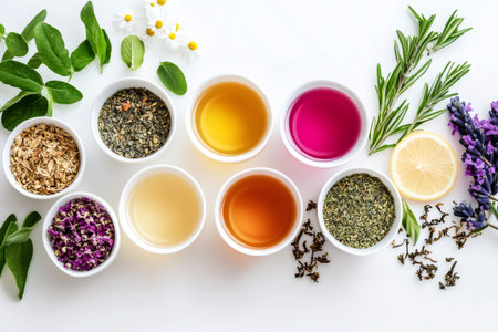 Colorful herbal tea infusions are presented alongside dried tea leaves, fresh herbs, lemon, and flowers, creating a vibrant arrangement on a white backdropの素材