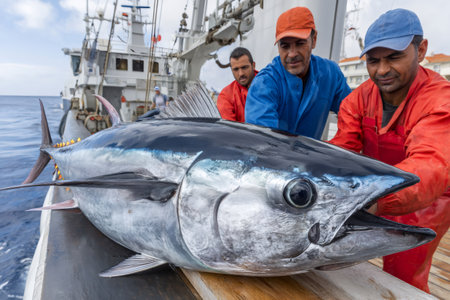 Fishermen showing a big tuna fish on a fishing boat after fishing in the oceanの素材