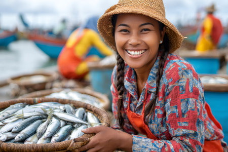 Portrait of a smiling fish seller woman holding a wicker basket full of fresh fish at the fish marketの素材