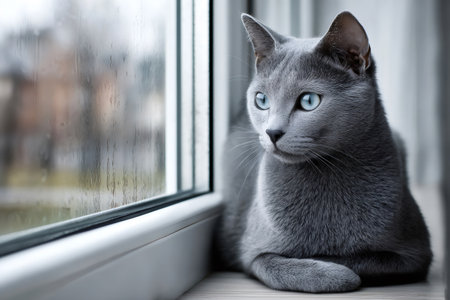Beautiful russian blue cat lying on window sill, gazing out at rainy cityscapeの素材