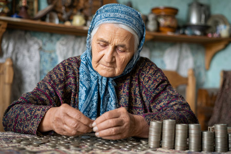 Senior woman carefully counting and organizing coins on a table, demonstrating financial resourcefulness in a domestic settingの素材