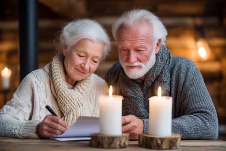 Elderly couple enjoying a quiet evening, reading correspondence by the warm glow of candles in their cozy, rustic cabinの素材