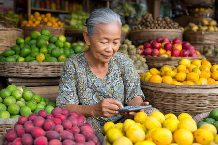 Senior woman calculating prices at her fruit stand in a traditional marketの素材