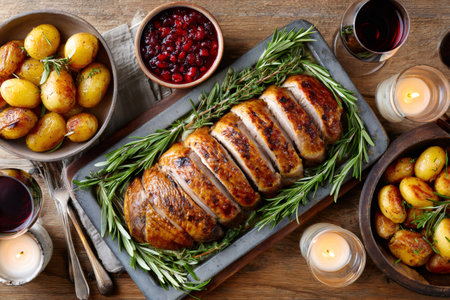 Delicious sliced roast duck with rosemary and cranberry sauce, served with roasted potatoes and red wine for a festive holiday mealの素材
