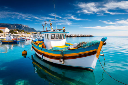 Traditional greek fishing boat gently floating in a picturesque harbor with crystal clear turquoise water, reflecting the vibrant colors of the vesselの素材