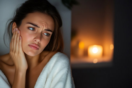 Sad woman touching her cheek suffering from toothache at night, sitting in bathroomの素材