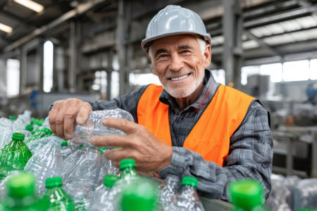 Smiling senior factory worker wearing safety vest and helmet checking plastic bottles on conveyor belt in recycling plantの素材