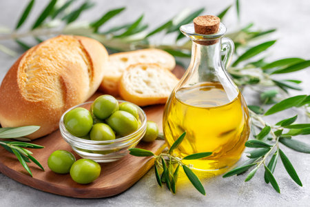 Golden olive oil in a glass bottle, accompanied by green olives and freshly baked bread, embodies the essence of Mediterranean cuisineの素材