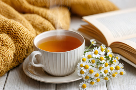 Steaming cup of chamomile tea with book and knitted blanket on white wooden tableの素材