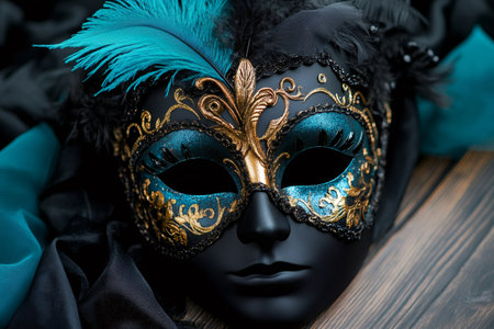 Black and teal carnival mask with gold decorations and feathers, placed on dark fabrics, evoking mystery and luxuryの素材