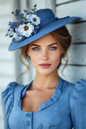 Beautiful woman with blue eyes wearing a blue hat decorated with flowers and a matching blue dressの素材