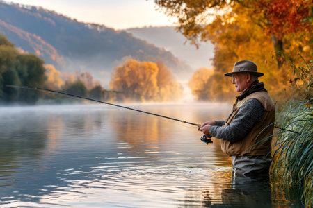 Senior fly fisherman wading in river, enjoying a misty sunrise during autumnの素材