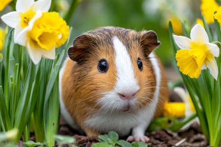 Adorable guinea pig surrounded by vibrant daffodils in a lush garden settingの素材