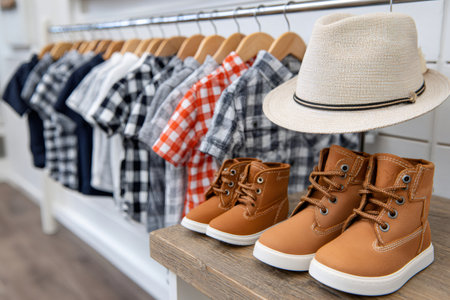Stylish children's clothing and accessories arranged on display in a retail settingの素材